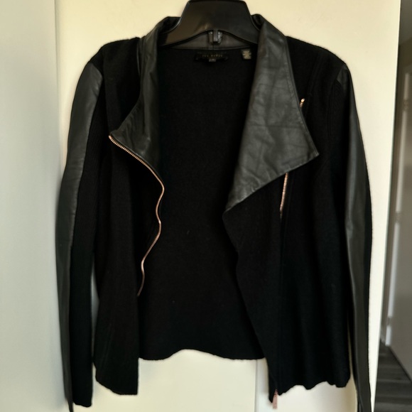 Ted Baker NWOT Black Asymmetric Zip Leather-Trim Wool Jacket - Picture 4 of 16